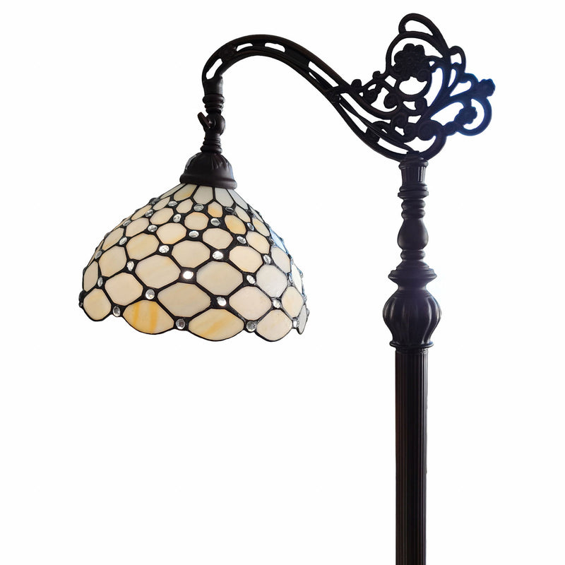 Traditional Shaped Floor Lamp With White Stained Glass Bowl Shade - Brown
