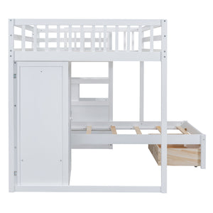 Full Over Twin Bunk Bed with Wardrobe, Drawers, White