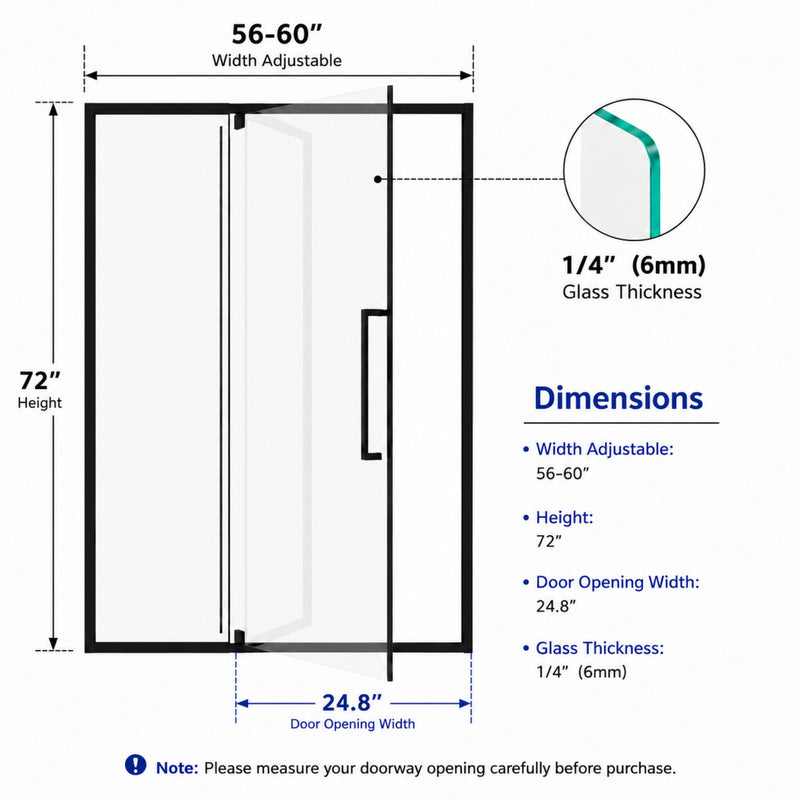 Semi-Frameless Pivot Hinged Shower Door, Reversible Design