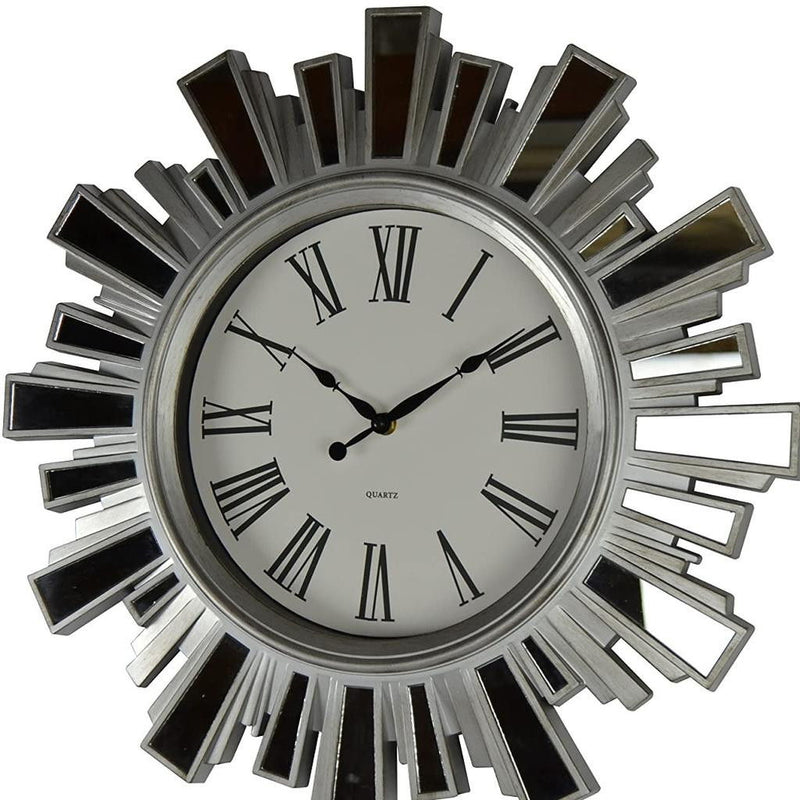 Mirrored Heavy Duty Plastic Silent Analog Sunburst Wall Clock - Silver / Silver / White