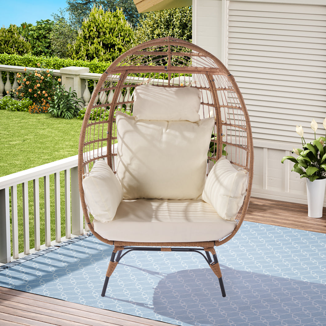 Wicker Egg Chair, Oversized Indoor Outdoor Lounger for Patio, Backyard, Living Room w/ 5 Cushions, Steel Frame, - Beige