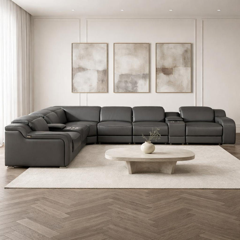 Italian Leather Power Reclining Curved 8 Piece Corner Sectional With Console - Gray
