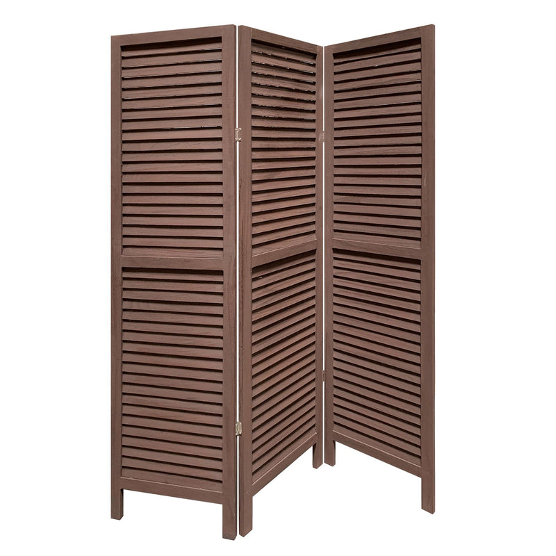 Stylish Three Panel Washed Brown Shutter Divider Screen - Brown
