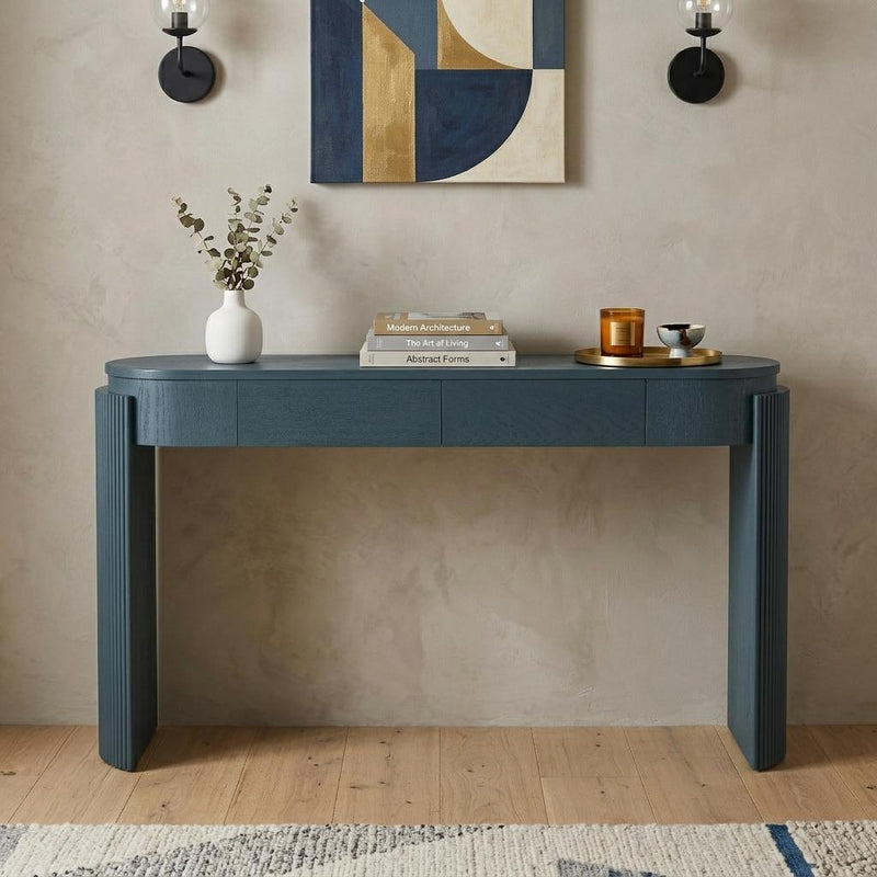 Oval Double Pedestal Console Table With Two Drawers - Navy Blue