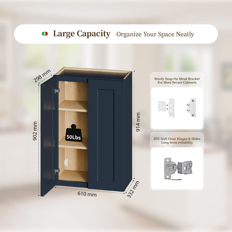 Shaker Wall Cabinet With Soft Close Hinges, Adjustable Shelves, Double Door