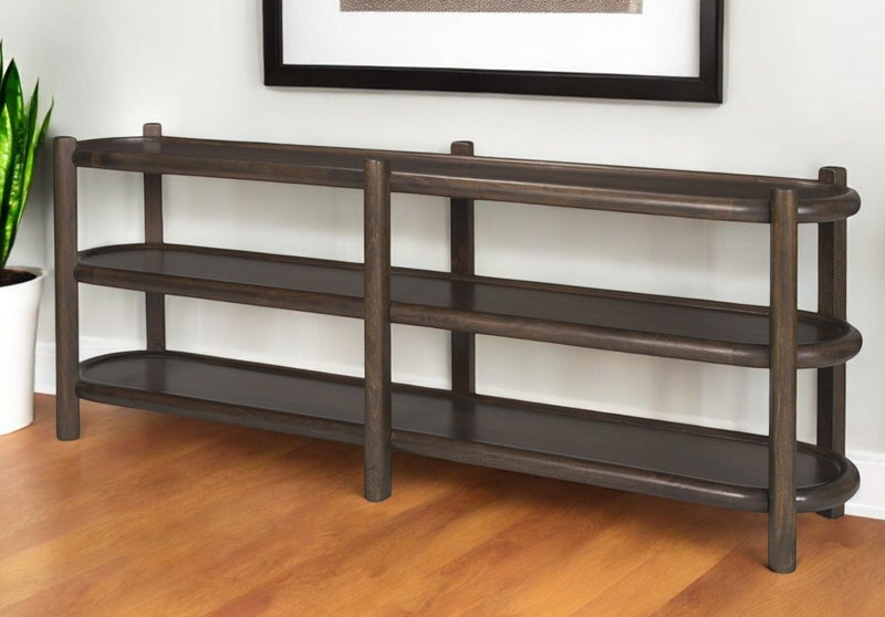 80" Solid Wood Oval Six Leg Console Table With Two Shelves - Brown