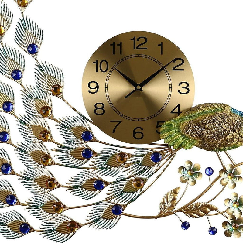 Silent Analog Peacock Novelty Wall Clock (626366) - Gold / Blue / Green