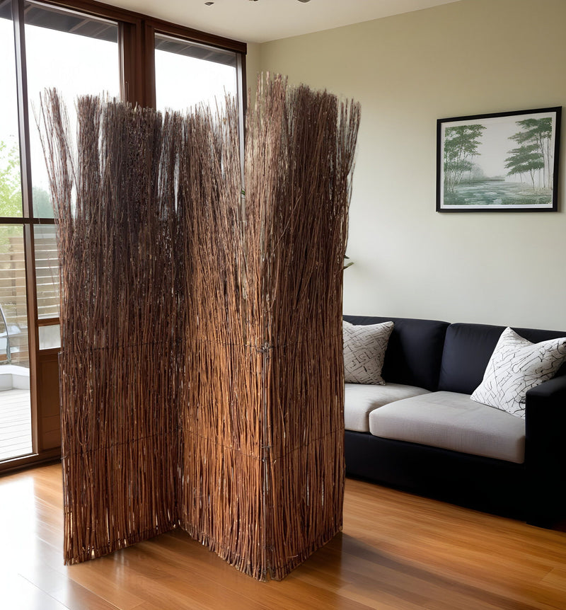Rustic Willow Branch Three Panel Room Divider Screen - Brown