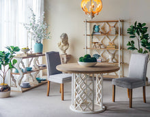 Load image into Gallery viewer, Round Wooden Dining Table With Ornate Cut Out Base - Brown / Antique White
