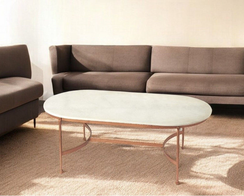 Genuine Marble And Metal Oval Coffee Table - White And Copper
