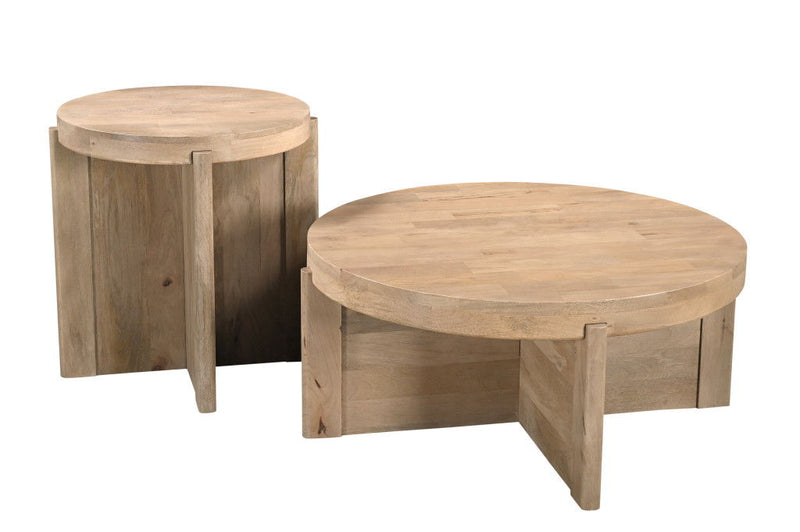 Solid Wood Round Distressed Cross Legs Coffee Table (Set of 2) - Natural
