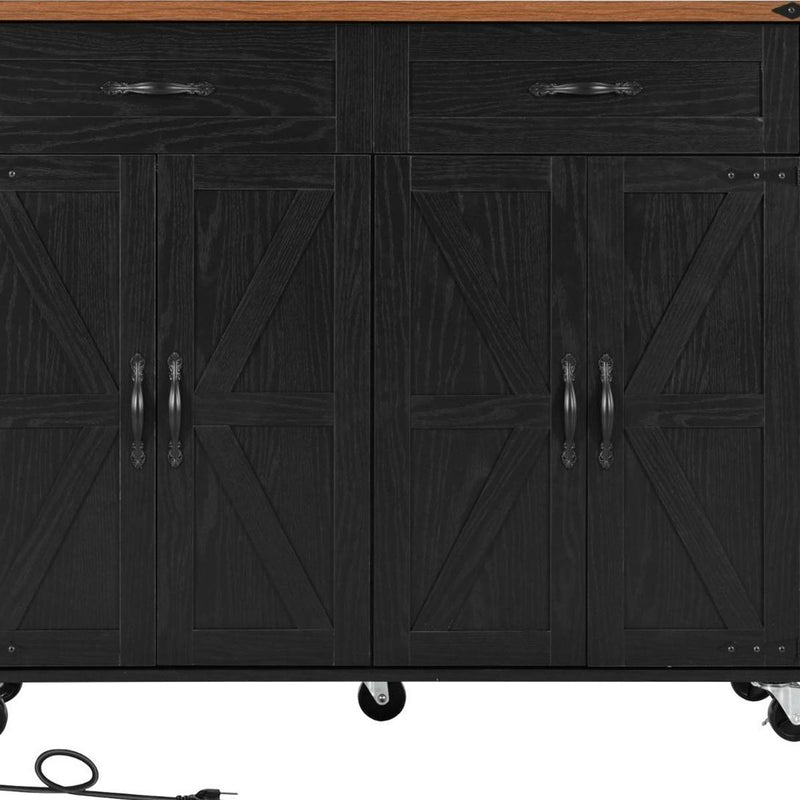 Brown And Wood Flat Door Rolling Kitchen Cart With USB - Black