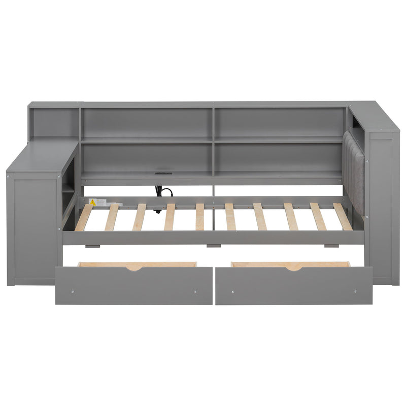 Platform Bed With Upholstered Headboard, Storage Shelves, Drawers, Charging Station, LED Lighting, Built In Desk