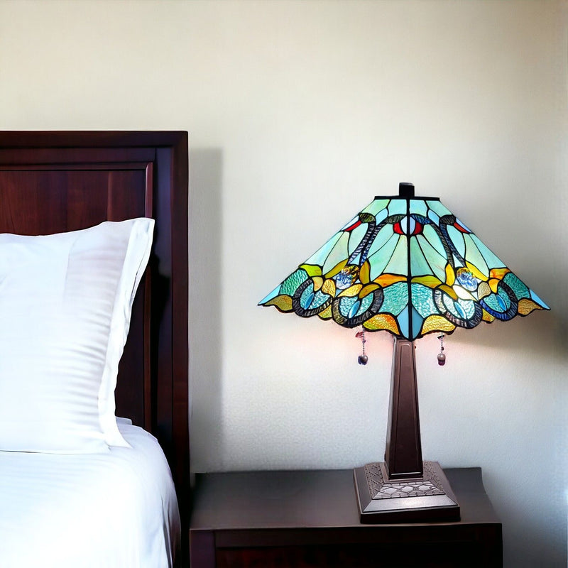 Metal Two Light Table Lamp With Blue And Green Cone Shade - Dark Brown