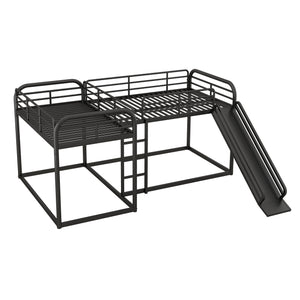 Full and Twin Size L-Shaped Bunk Bed with Slide and Short Ladder, Black