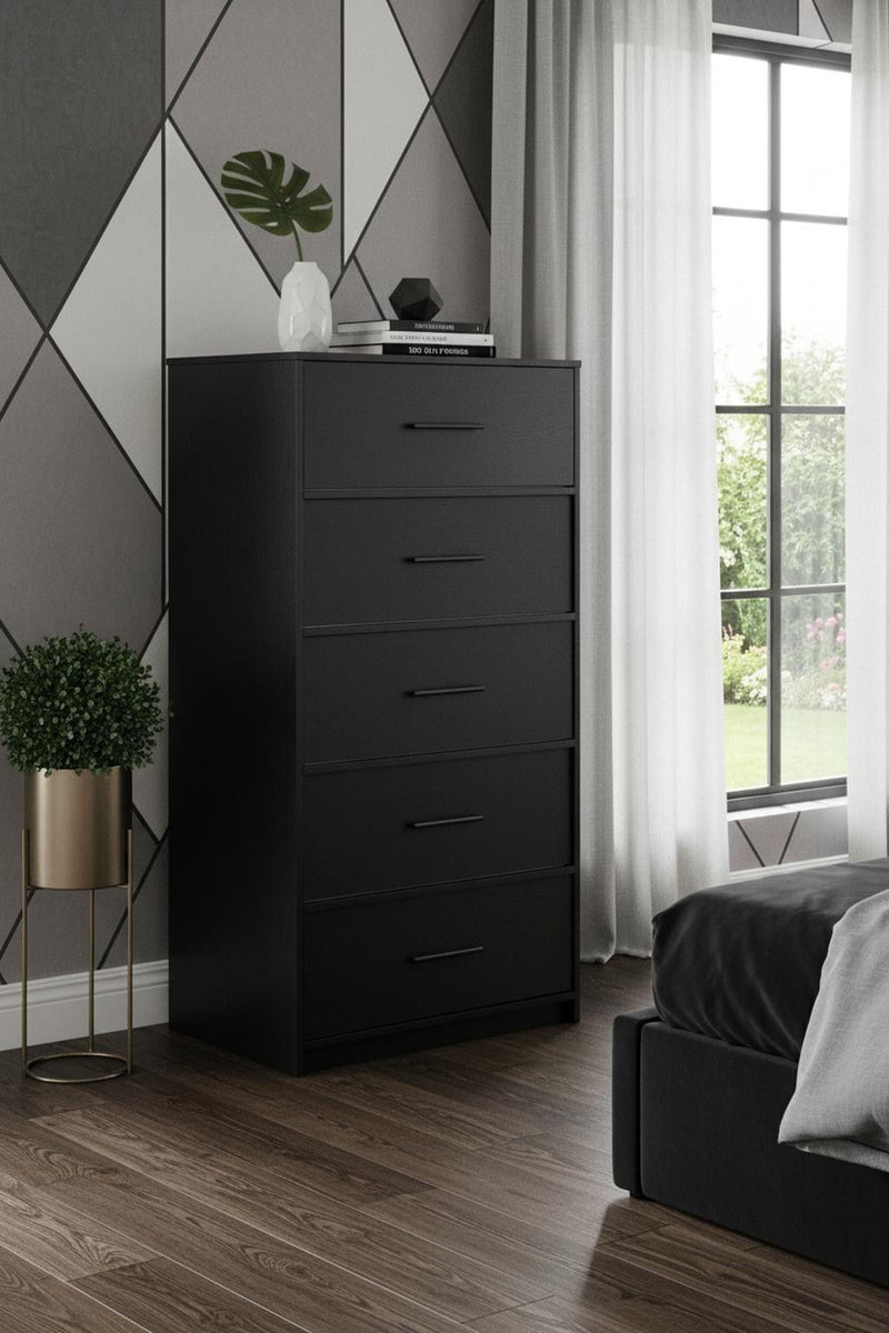Wood Five Drawer Dresser - Black