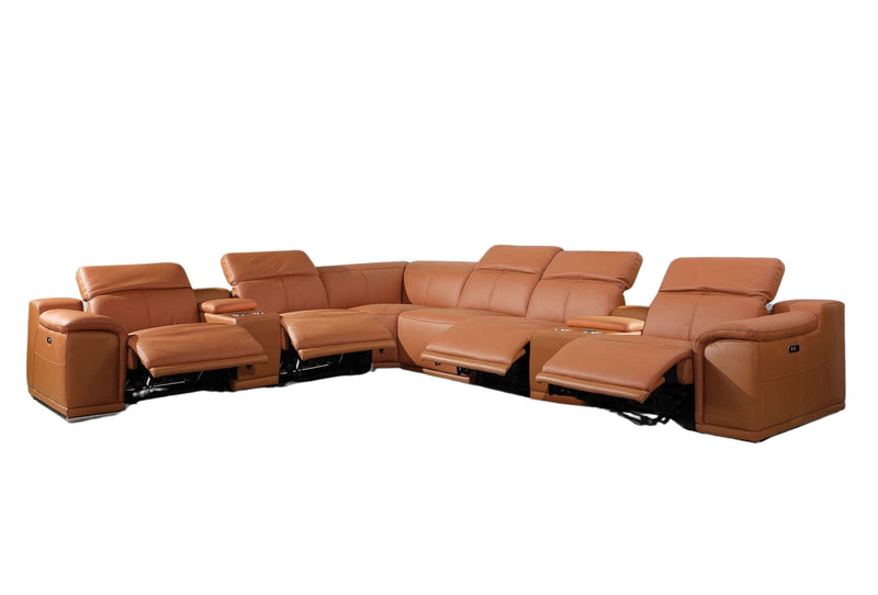 Italian Leather Power Reclining Eight Piece Corner Sectional With Console - Camel