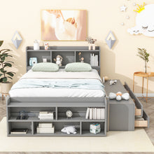 Load image into Gallery viewer, Bed With Bookcase Headboard, Under Bed Storage Drawers And Bed End Storage Case
