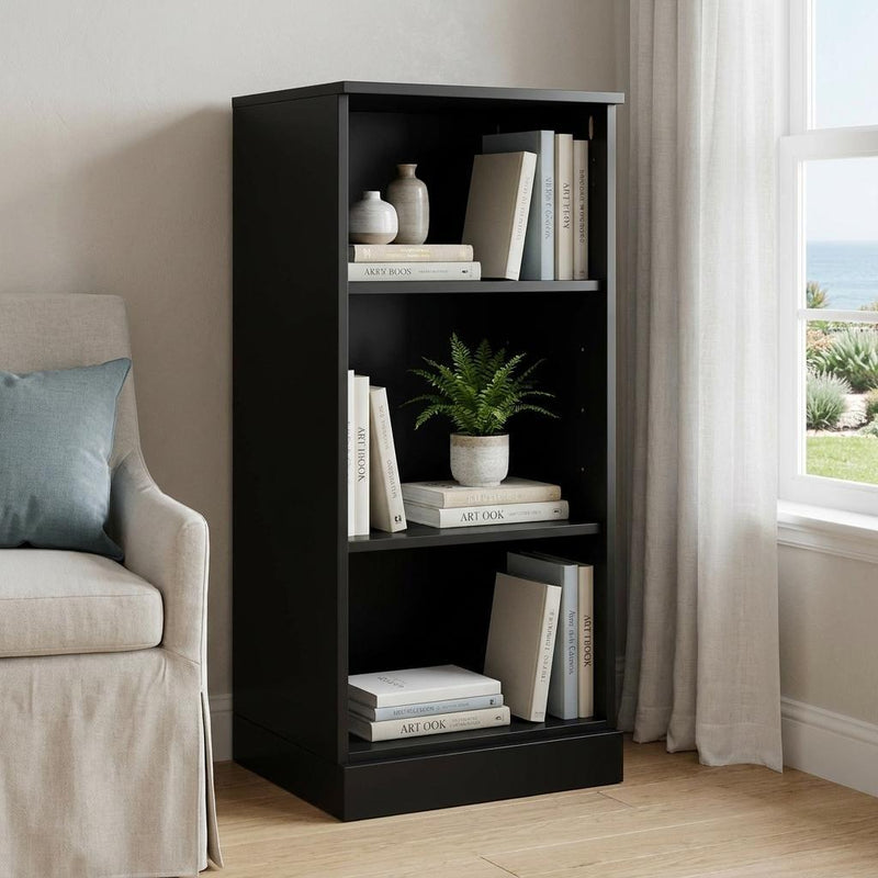Solid Wood Adjustable Three Tier Library Bookcase - Black