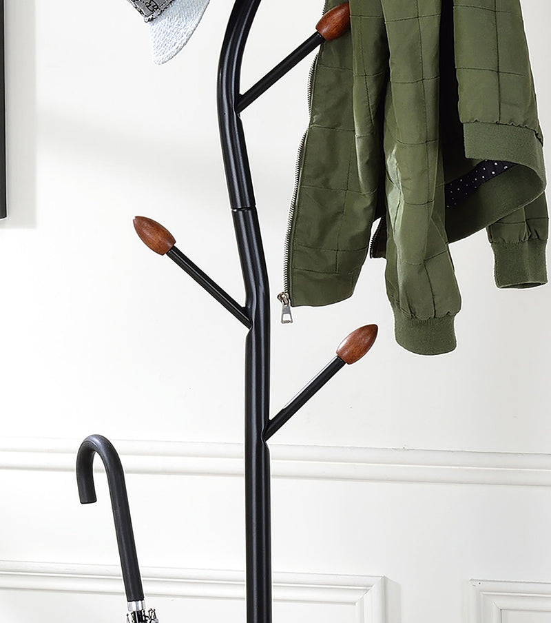 Long Billie Tree Coat Rack Hooks With Umbrella Stand - Black / Walnut
