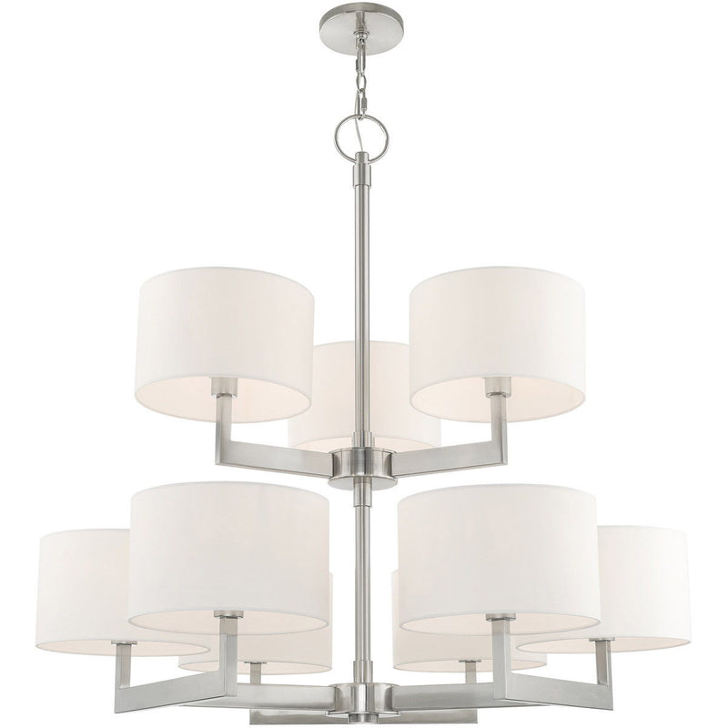 43" Nine Light Metal Dimmable Chandelier With Shades - Nickel / Off White