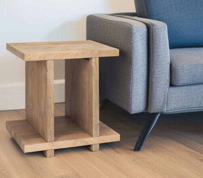 22" Solid Wood Sled End Table With Shelf - Brown