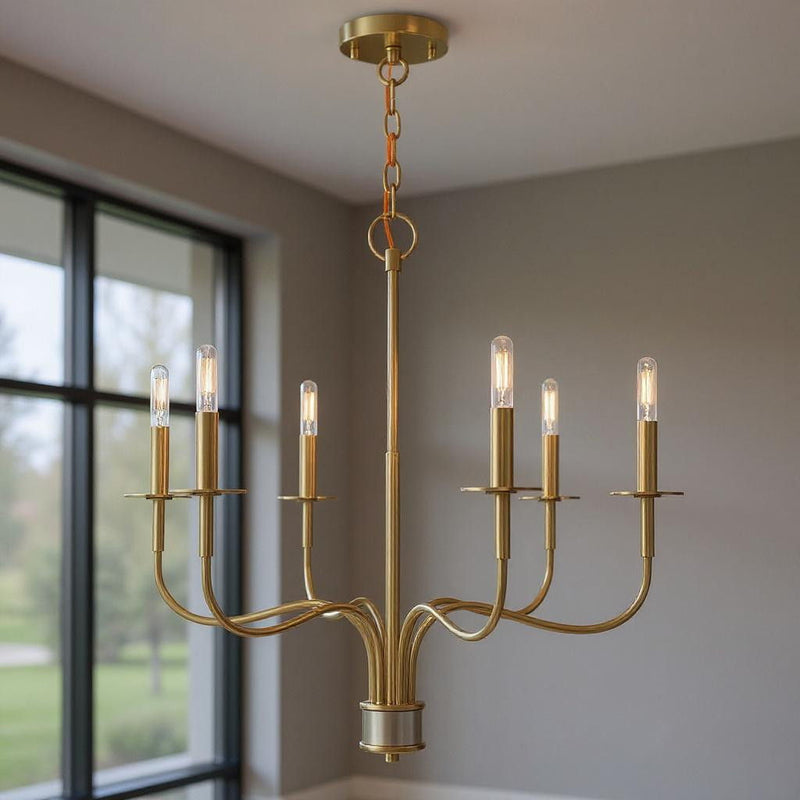 25'' Six-Light Dimmable Chandelier With Shades - Brass