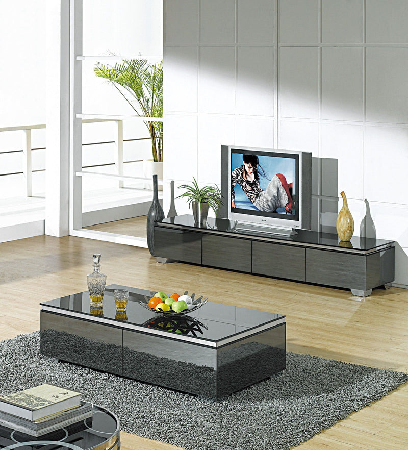 26" Glass Metal Mirrored Coffee Table With Two Drawers - Gray / Silver