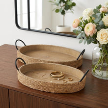 Load image into Gallery viewer, Jute Oval Serving Trays With Handles (Set of 2) - Natural / Light Brown / Natural
