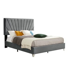 B108 Queen bed Beautiful line stripe cushion headboard , strong wooden slats + metal support feet, Gray Flannelette