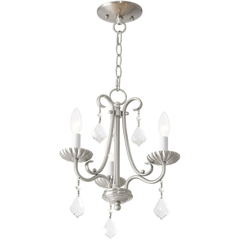 Three Light Metal Dimmable Chandelier With Shades - Nickel / Clear