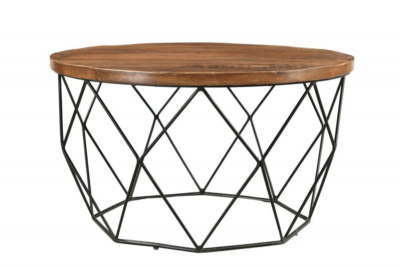Solid Wood And Iron Round Frame Coffee Table - Brown