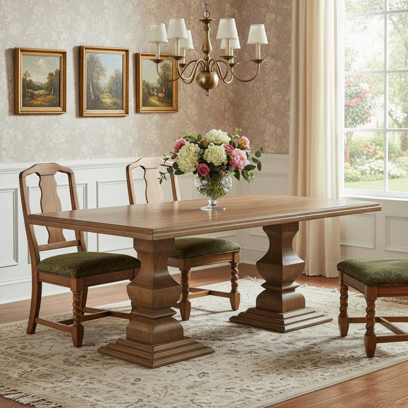 75" Solid Wood Double Pedestal Base Dining Table - Brown