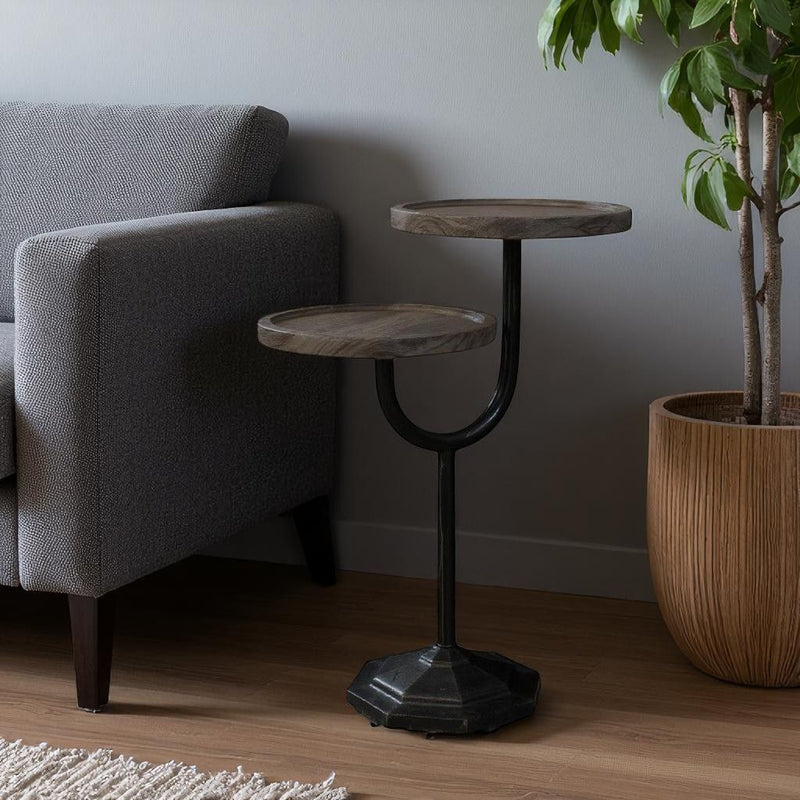 19" Solid Wood And Iron Round Double Tray Top End Table - Natural And Black