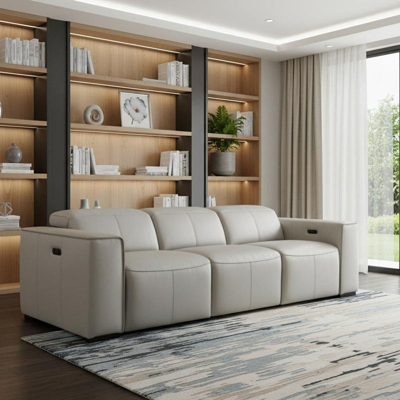 Top Grain Leather Reclining Metal USB Sofa (720389) - Light Gray