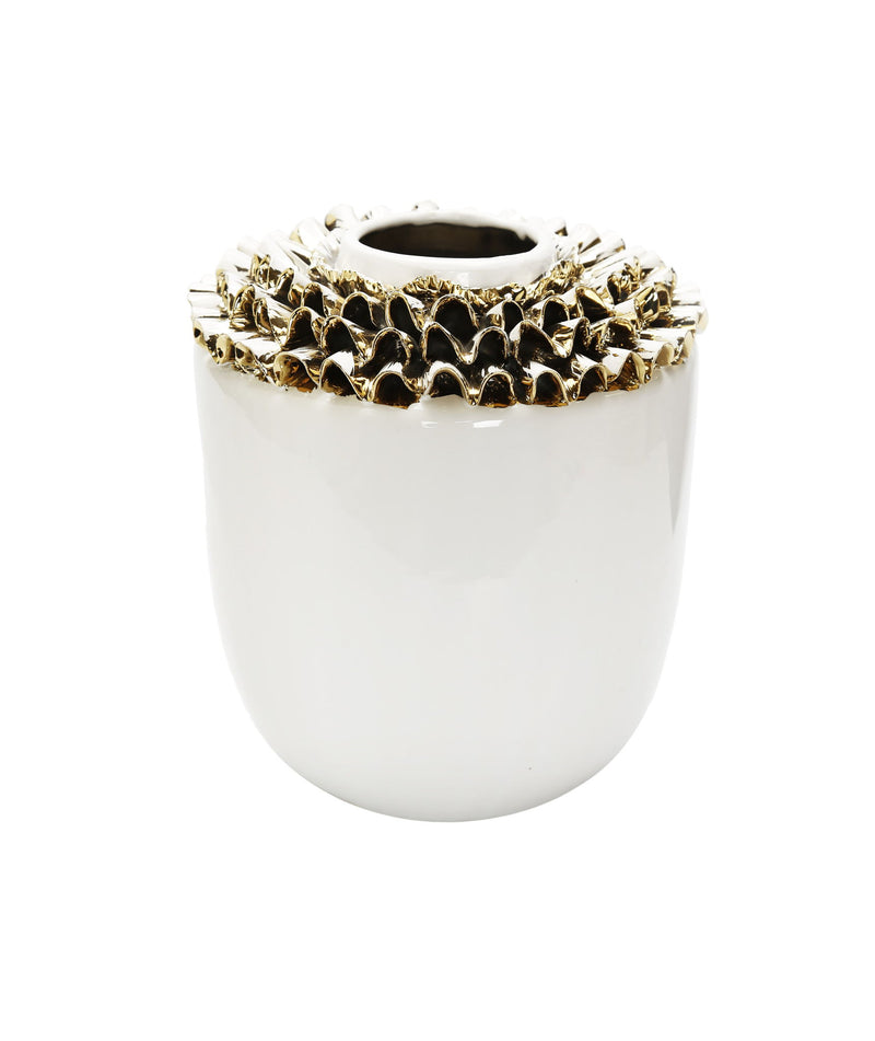 Round Table Vase With Sculptural Details - White