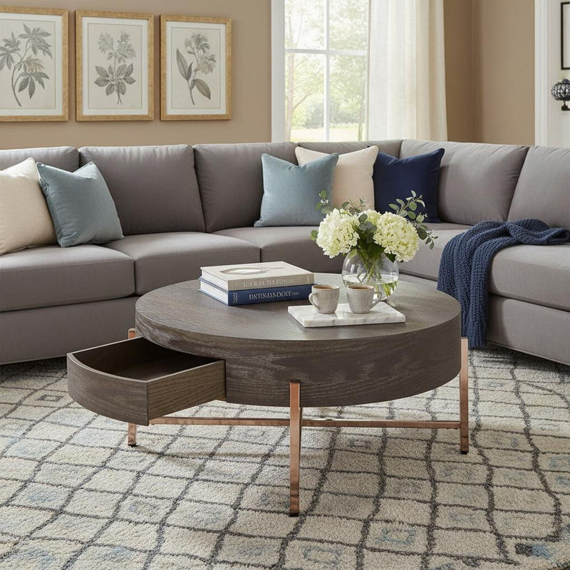 Round Coffee Table With Drawer - Champagne And Dark Oak
