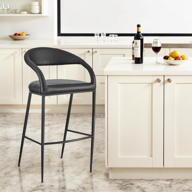 30" Contemporary Faux Leather And Iron Low Back Bar Height Bar Chair - Black
