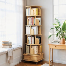 Load image into Gallery viewer, 6 Tier Rotating Bookshelf With Wheels And Drawer, 360° Spinning Design, Space Saving Storage, For Home - Wood
