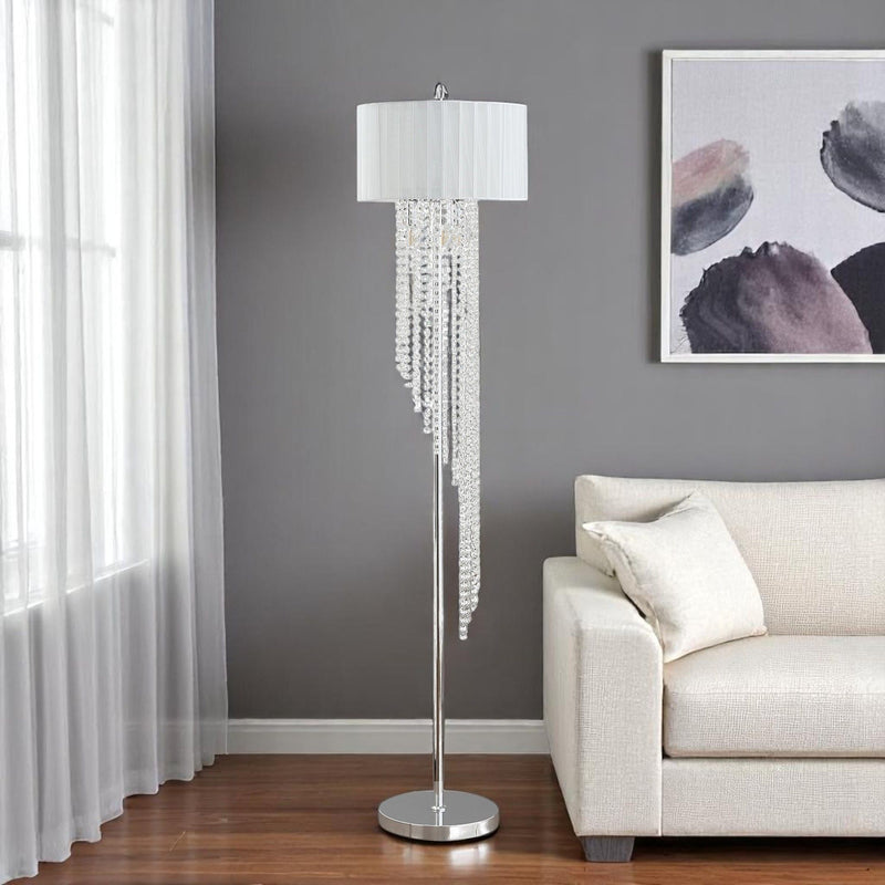 66" Crystal And Metal Floor Lamp With White Linen Drum Shade - Silver / Clear