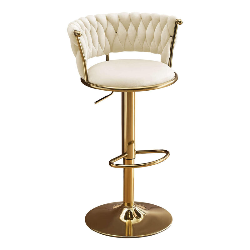 Velvet And Metal Low Back Adjustable Height Swivel Bar Chair - Beige And Gold