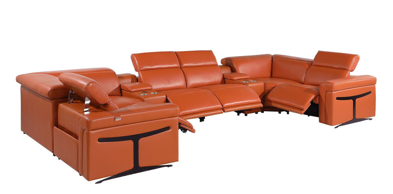 Italian Leather Power Reclining U Shaped Eight Piece Sectional With Console - Camel
