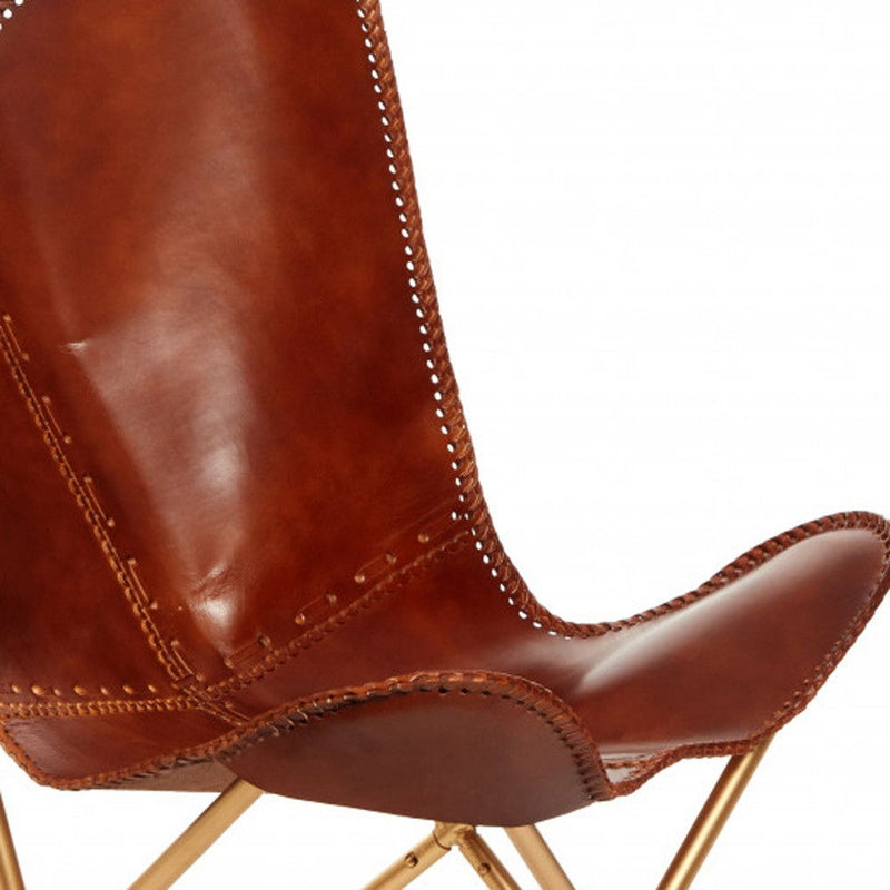 Genuine Leather Butterfly Chair - Brown And Gold