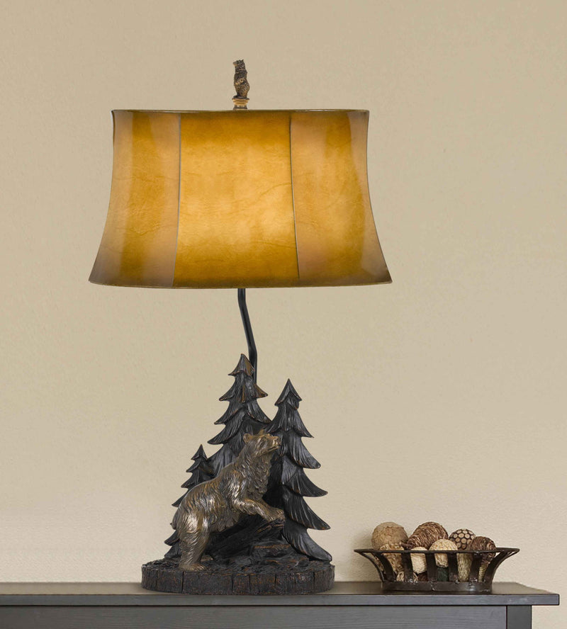 Bear in the Woods Table Lamp With Brown Bell Shade - Bronze
