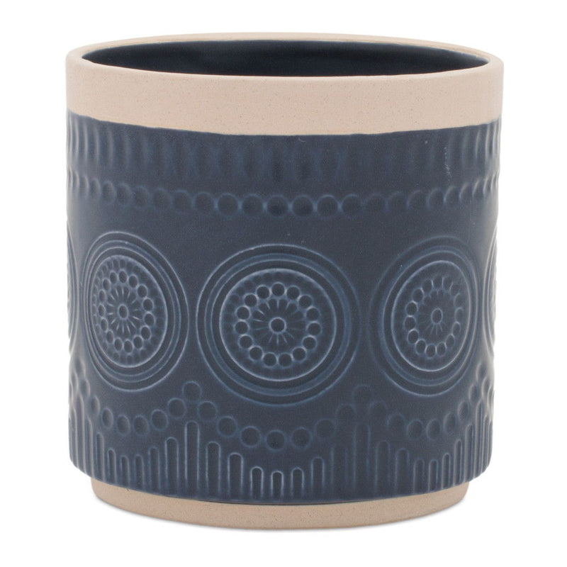 Geometric Round Pot Planters (Set of 2) - Beige / Blue