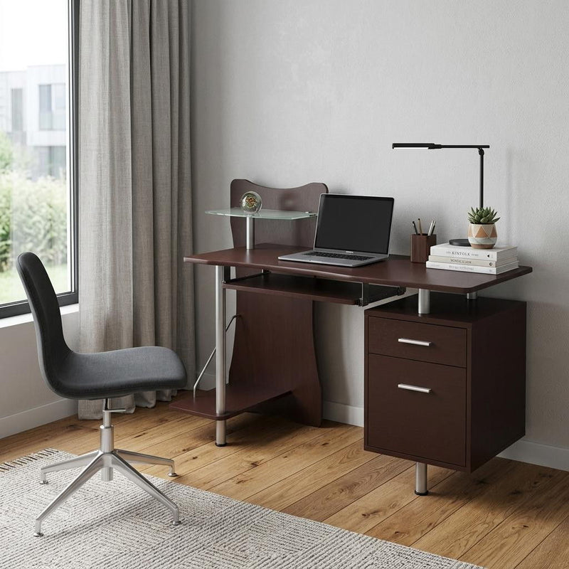 Stainless Pedestal Computer Desk - Chocolate / Silver