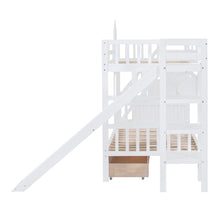 Load image into Gallery viewer, Twin-Over-Twin Castle Style Bunk Bed with 2 Drawers 3 Shelves and Slide - White
