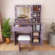 Load image into Gallery viewer, Vanity Desk Set With Padded Stool And Adjustable LED Mirror, 3 Color Light Modes - Purple
