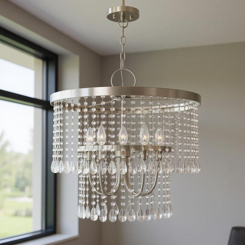 23" Five Light Dimmable Chandelier With Shades - Nickel / Pearl Silver