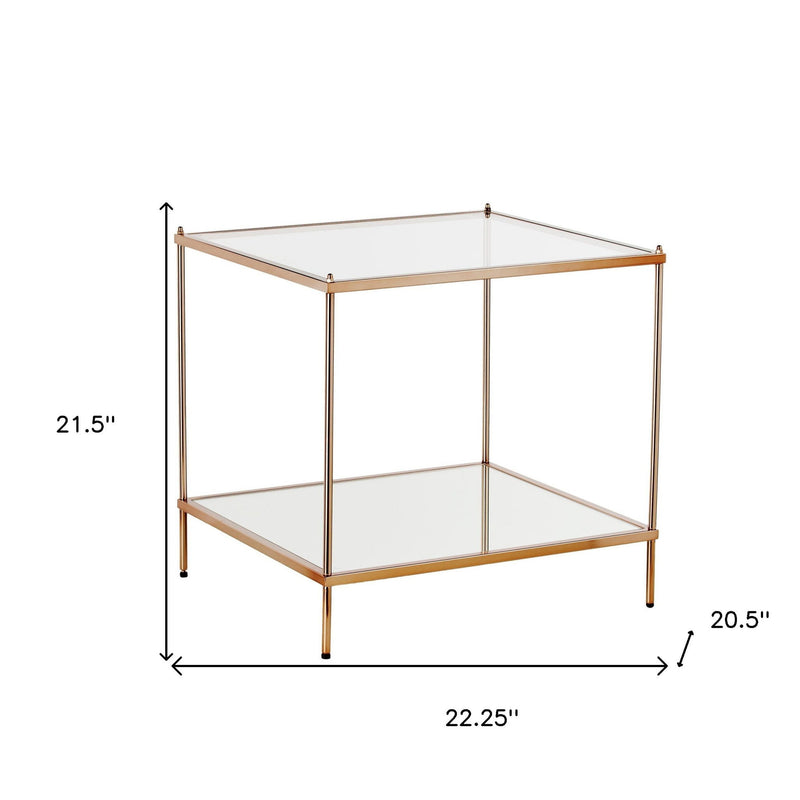 Glass Iron Square End Table With Shelf - Clear / Gold